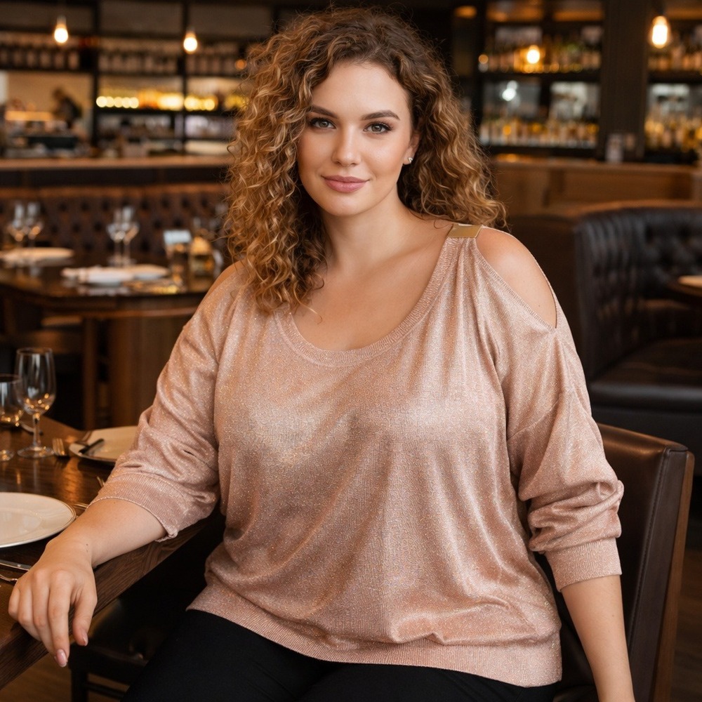 NWT INC Resort Luxe Cold Shoulder Metallic Sweater Blush Evening Party 1X‎